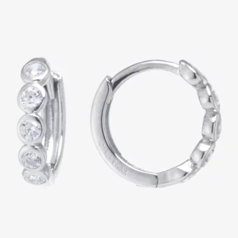 Silver Treasures Womens Cubic Zirconia Sterling Silver 11.5mm Hoop Earrings