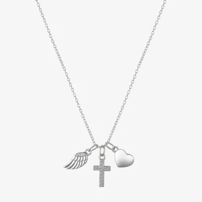 Footnotes Charm Womens Cubic Zirconia Sterling Silver Cross Heart Wing 16 Inch Pendant Necklace