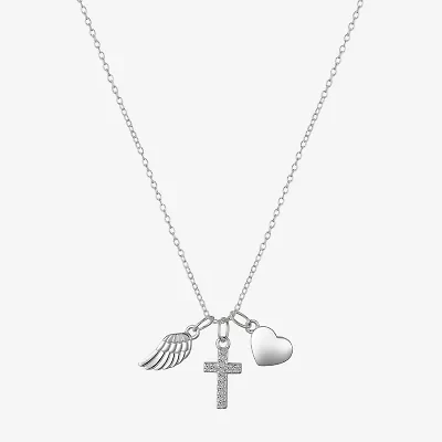 Footnotes Charm Womens Cubic Zirconia Sterling Silver Cross Heart Wing 16 Inch Pendant Necklace