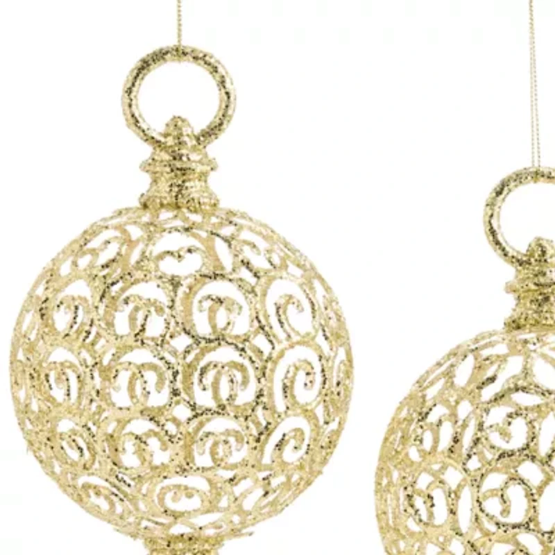 North Pole Trading Co. Gold Plastic Scroll Ball Set 2-pc. Christmas Ornament
