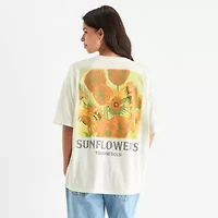 Vincent Van Gogh Sunflowers Art Oversized Womens Crew Neck Short Sleeve Juniors Graphic T-Shirt