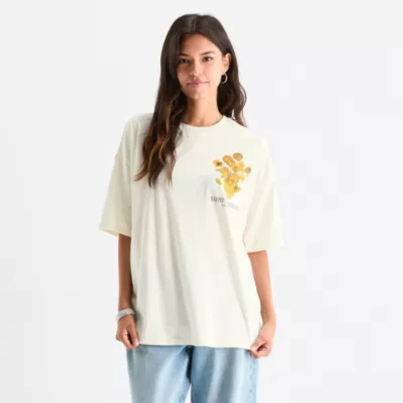 Vincent Van Gogh Sunflowers Art Oversized Womens Crew Neck Short Sleeve Juniors Graphic T-Shirt