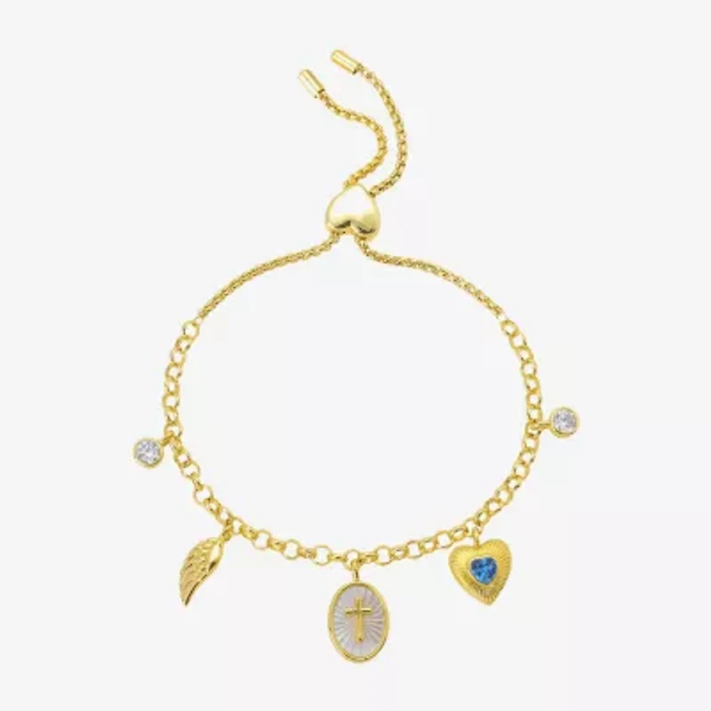 Footnotes Womens Cubic Zirconia 10K Gold Over Brass Cross Heart Wing Charm Bracelet