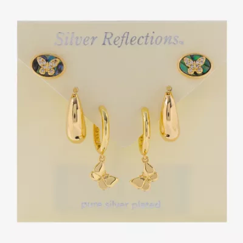Silver Reflections Womens Cubic Zirconia 10K Gold Over Brass Butterfly 3 Pair Earring Set