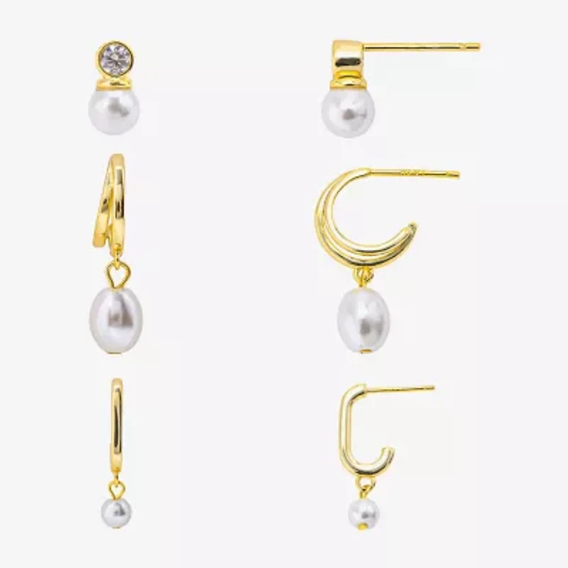 Silver Reflections Womens Cubic Zirconia 10K Gold Over Brass 3 Pair Earring Set