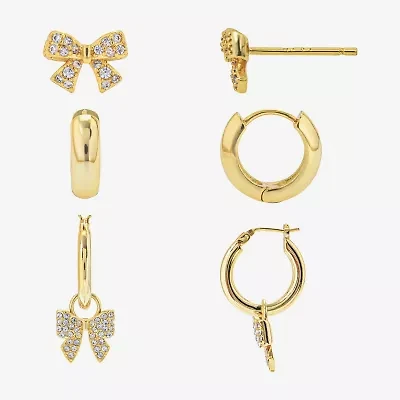 Silver Reflections Womens Cubic Zirconia 10K Gold Over Brass Bow 3 Pair Earring Set