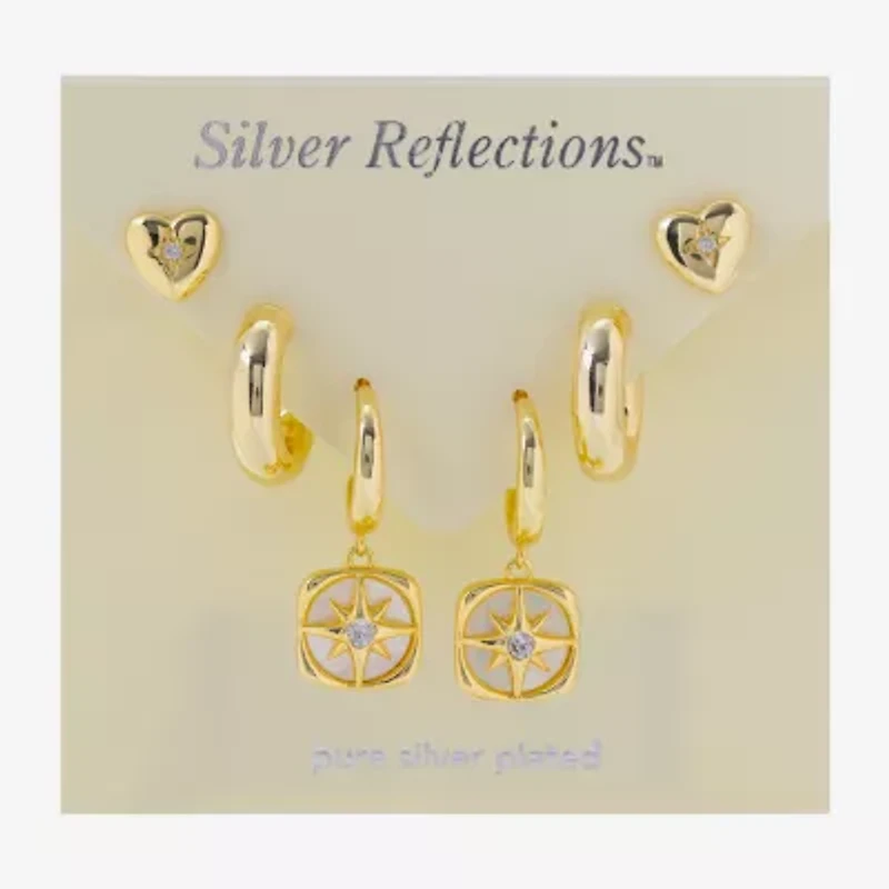 Silver Reflections Womens Cubic Zirconia 10K Gold Over Brass Heart Star 3 Pair Earring Set