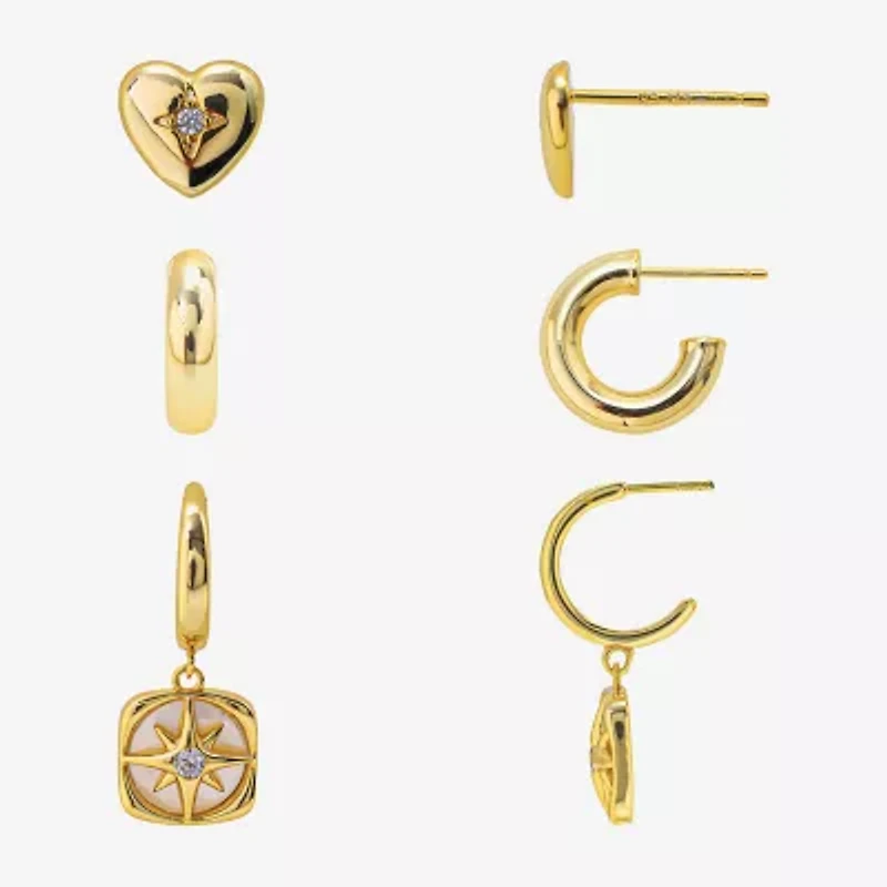 Silver Reflections Womens Cubic Zirconia 10K Gold Over Brass Heart Star 3 Pair Earring Set