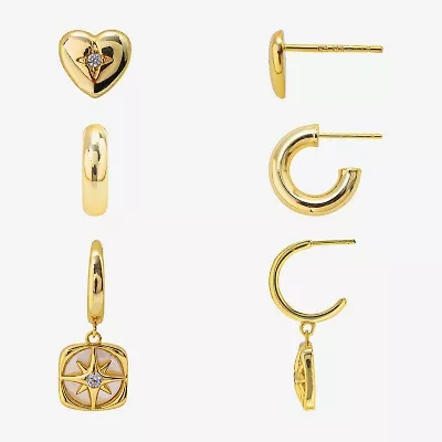 Silver Reflections Womens Cubic Zirconia 10K Gold Over Brass Heart Star 3 Pair Earring Set