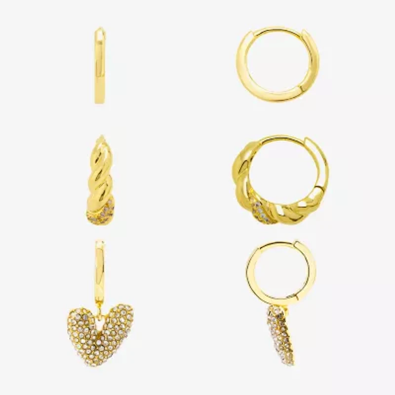 Silver Reflections Womens Cubic Zirconia 10K Gold Over Brass Heart 3 Pair Earring Set