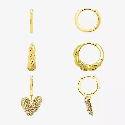 Silver Reflections Womens Cubic Zirconia 10K Gold Over Brass Heart 3 Pair Earring Set