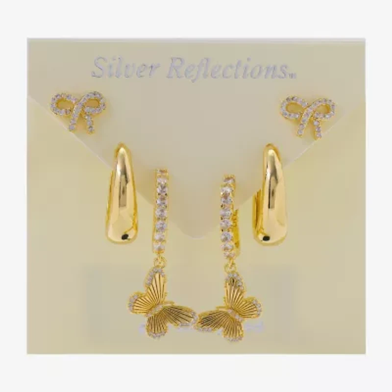 Silver Reflections Womens Cubic Zirconia 10K Gold Over Brass Bow Butterfly 3 Pair Earring Set