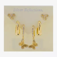 Silver Reflections Womens Cubic Zirconia 10K Gold Over Brass Bow Butterfly 3 Pair Earring Set