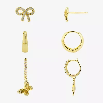 Silver Reflections Womens Cubic Zirconia 10K Gold Over Brass Bow Butterfly 3 Pair Earring Set