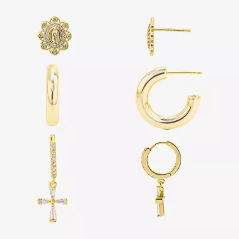 Silver Reflections Womens Cubic Zirconia 10K Gold Over Brass Cross 3 Pair Earring Set