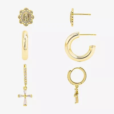 Silver Reflections Womens Cubic Zirconia 10K Gold Over Brass Cross 3 Pair Earring Set