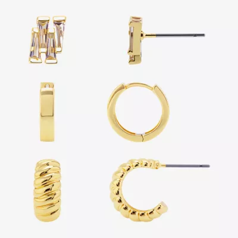 Silver Reflections Womens Cubic Zirconia 10K Gold Over Brass 3 Pair Earring Set
