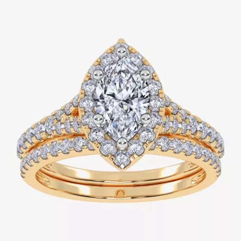 (G / Vs2-Si1) Womens 1 CT. T.W. Lab Grown White Diamond 10K Gold Marquise Side Stone Halo Bridal Set