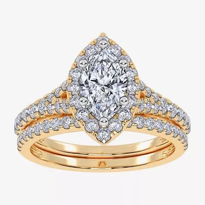 (G / Vs2-Si1) Womens 1 CT. T.W. Lab Grown White Diamond 10K Gold Marquise Side Stone Halo Bridal Set
