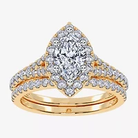 (G / Vs2-Si1) Womens 1 CT. T.W. Lab Grown White Diamond 10K Gold Marquise Side Stone Halo Bridal Set