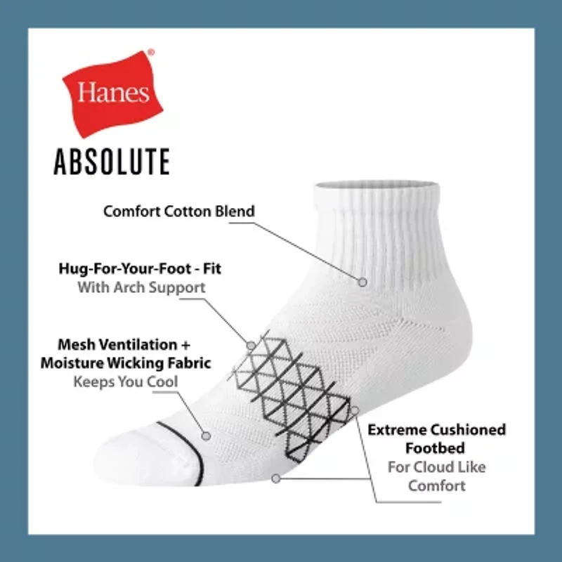 Hanes Absolute Mens Breathable Multi-Pack 3 Pair Quarter Ankle Socks