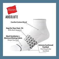 Hanes Absolute 3 Pair Quarter Ankle Socks Mens