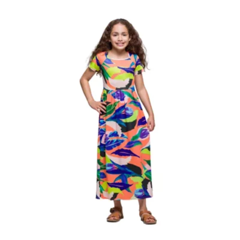 24seven Comfort Apparel Big Kid Girls Short Sleeve Floral Maxi Dress
