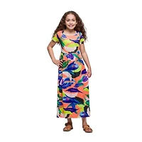 24seven Comfort Apparel Big Kid Girls Short Sleeve Floral Maxi Dress
