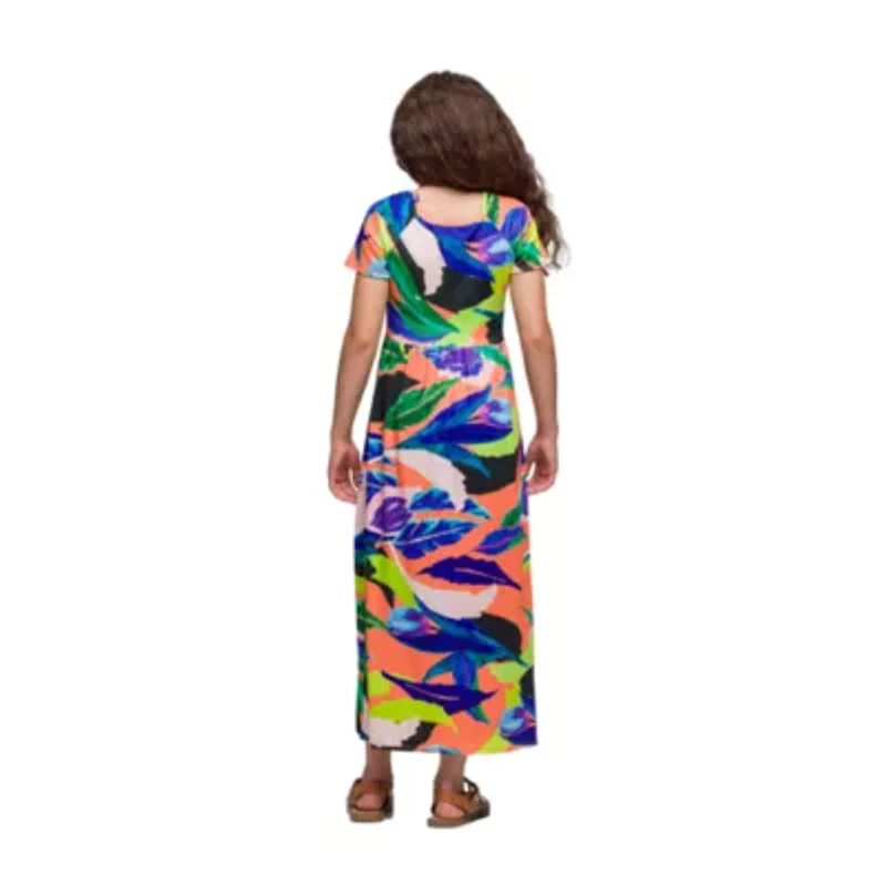 24seven Comfort Apparel Big Kid Girls Short Sleeve Floral Maxi Dress