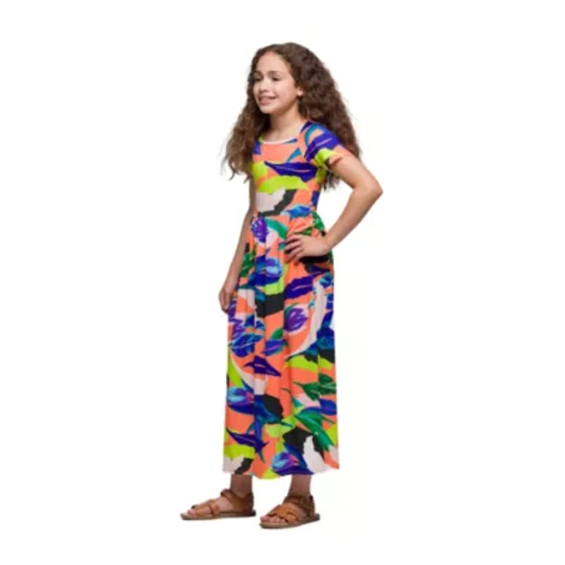 24seven Comfort Apparel Big Kid Girls Short Sleeve Floral Maxi Dress