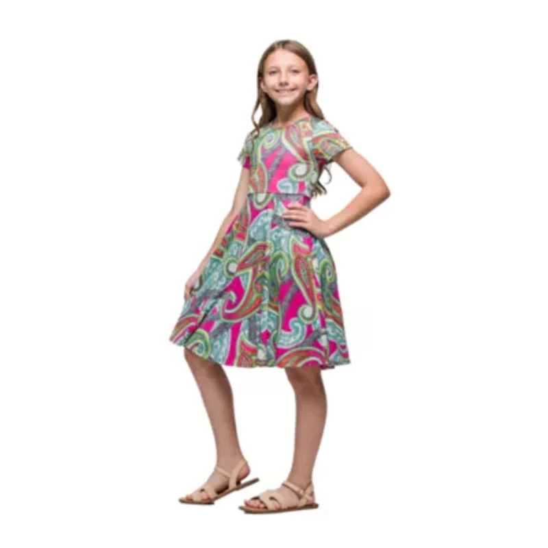 24seven Comfort Apparel Big Kid Girls Short Sleeve Fit + Flare Dress