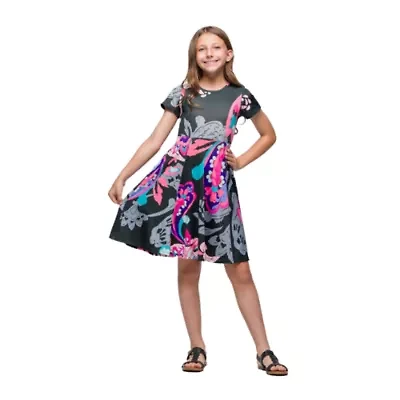 24seven Comfort Apparel Big Kid Girls Short Sleeve Fit + Flare Dress