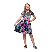 24seven Comfort Apparel Big Kid Girls Short Sleeve Fit + Flare Dress