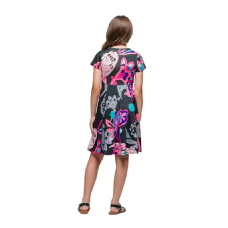 24seven Comfort Apparel Big Kid Girls Short Sleeve Fit + Flare Dress
