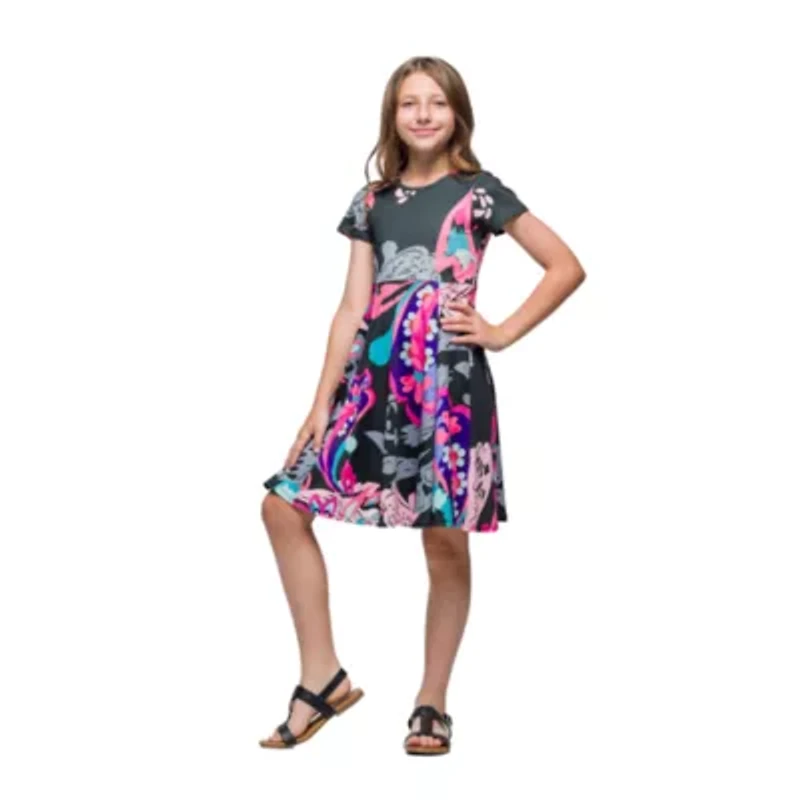 24seven Comfort Apparel Big Kid Girls Short Sleeve Fit + Flare Dress