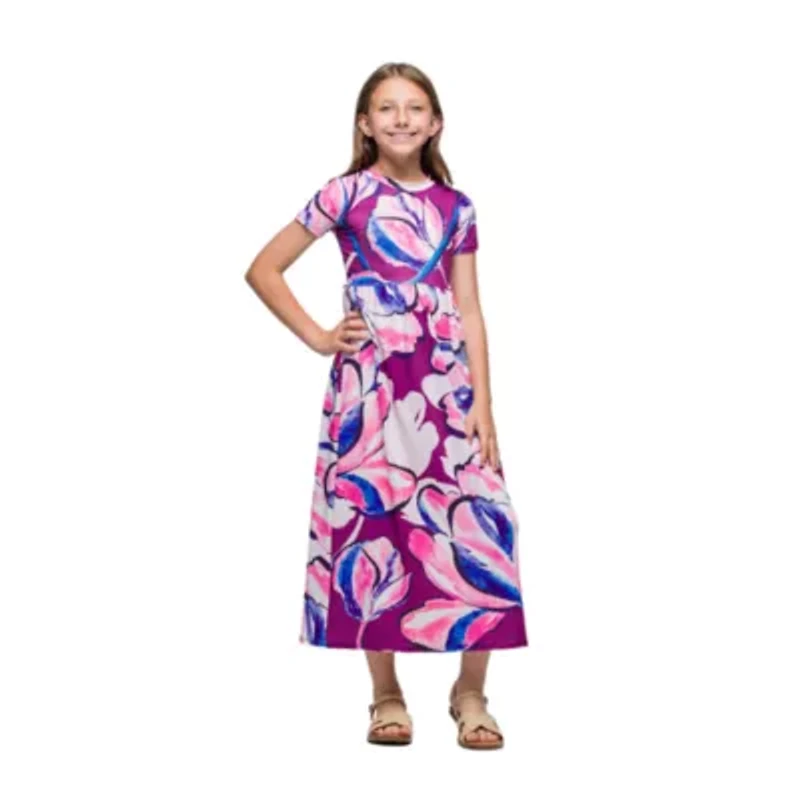 24seven Comfort Apparel Big Kid Girls Short Sleeve Floral Maxi Dress