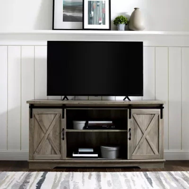Farmhouse 65" Sliding Barndoor Wood TV Stand
