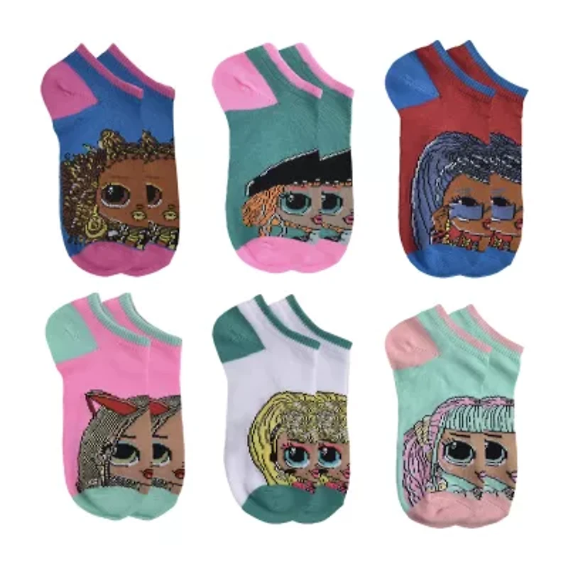 Little & Big Kid Girls Multi-Pack 6 Pair LOL No Show Socks