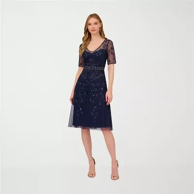 Papell Boutique Womens Short Sleeve Beaded Embellished Fit + Flare Dress