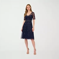 Papell Boutique Womens Short Sleeve Beaded Embellished Fit + Flare Dress