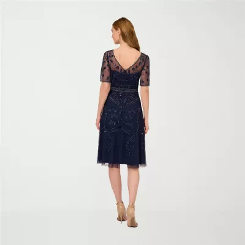 Papell Boutique Womens Short Sleeve Beaded Embellished Fit + Flare Dress