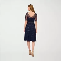 Papell Boutique Womens Short Sleeve Beaded Embellished Fit + Flare Dress