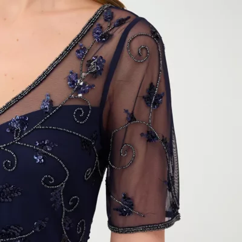 Papell Boutique Womens Short Sleeve Beaded Embellished Fit + Flare Dress