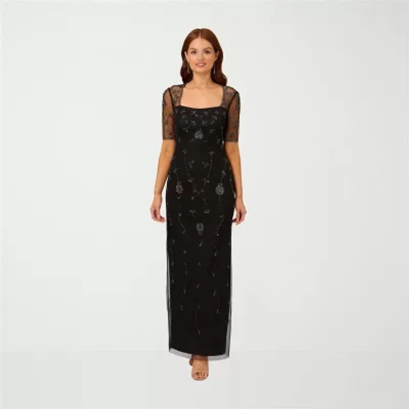 Papell Boutique Womens Beaded Embellished 3/4 Sleeve Evening Gown