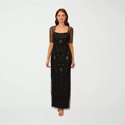 Papell Boutique Womens Beaded Embellished 3/4 Sleeve Evening Gown