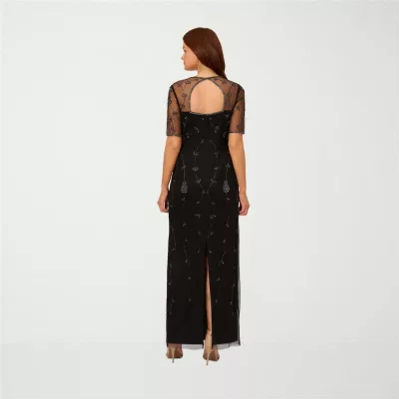 Papell Boutique Womens Beaded Embellished 3/4 Sleeve Evening Gown