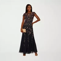 Papell Boutique Womens Beaded Short Sleeve Evening Gown