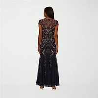 Papell Boutique Womens Beaded Short Sleeve Evening Gown