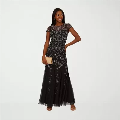 Papell Boutique Womens Beaded Embellished Short Sleeve Evening Gown