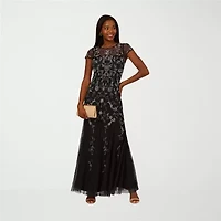 Papell Boutique Womens Beaded Embellished Short Sleeve Evening Gown